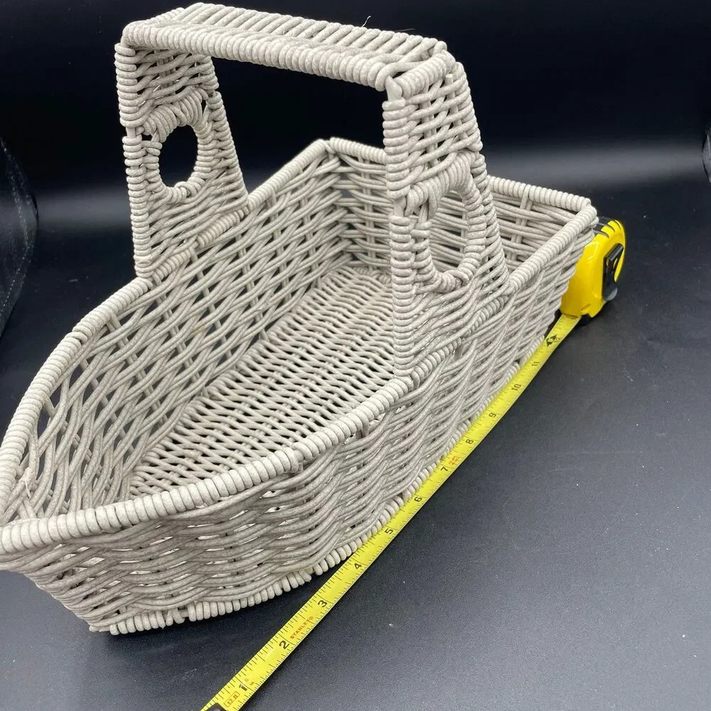 Vintage White Woven Faux Rattan Basket Metal Frame Heavy Weight Storage Caddy